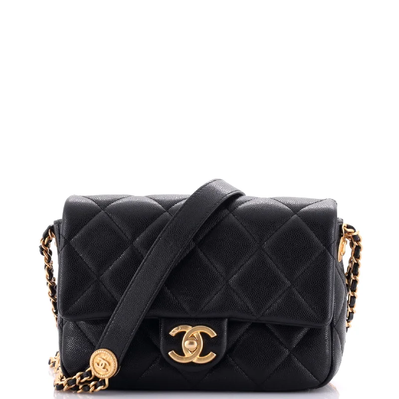 Twist Your Buttons Flap Bag Quilted Caviar Small