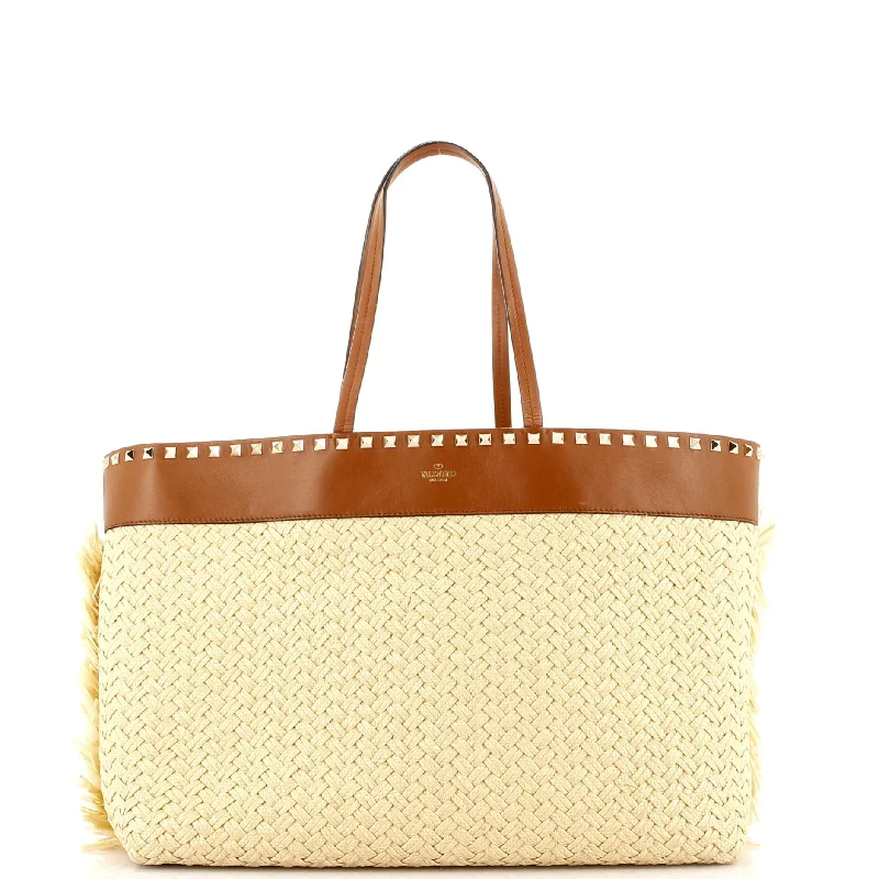 Rockstud Shopping Tote Raffia with Leather Large