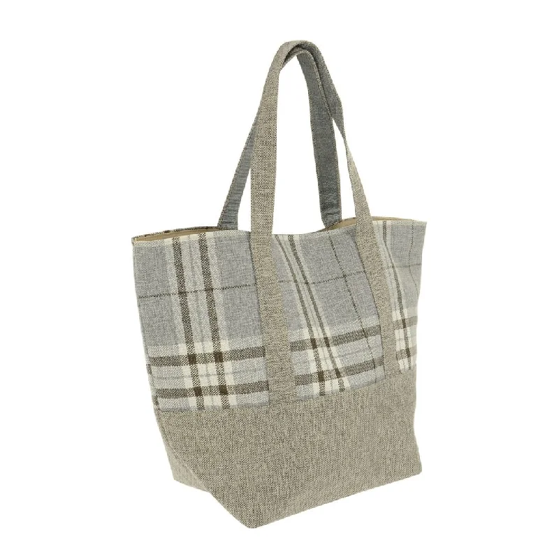 Womens Grey Tartan Canvas Beach Shopping Tote Shoulder Bag