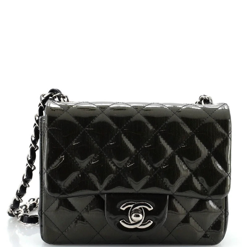 Square Classic Single Flap Bag Quilted Striated Metallic Patent Mini