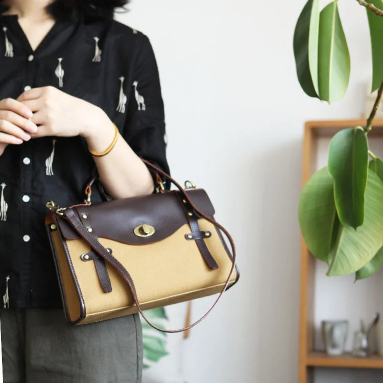 Vintage Womens Canvas Satchel Bag With Leather Flap Cross Body Messenger Bag