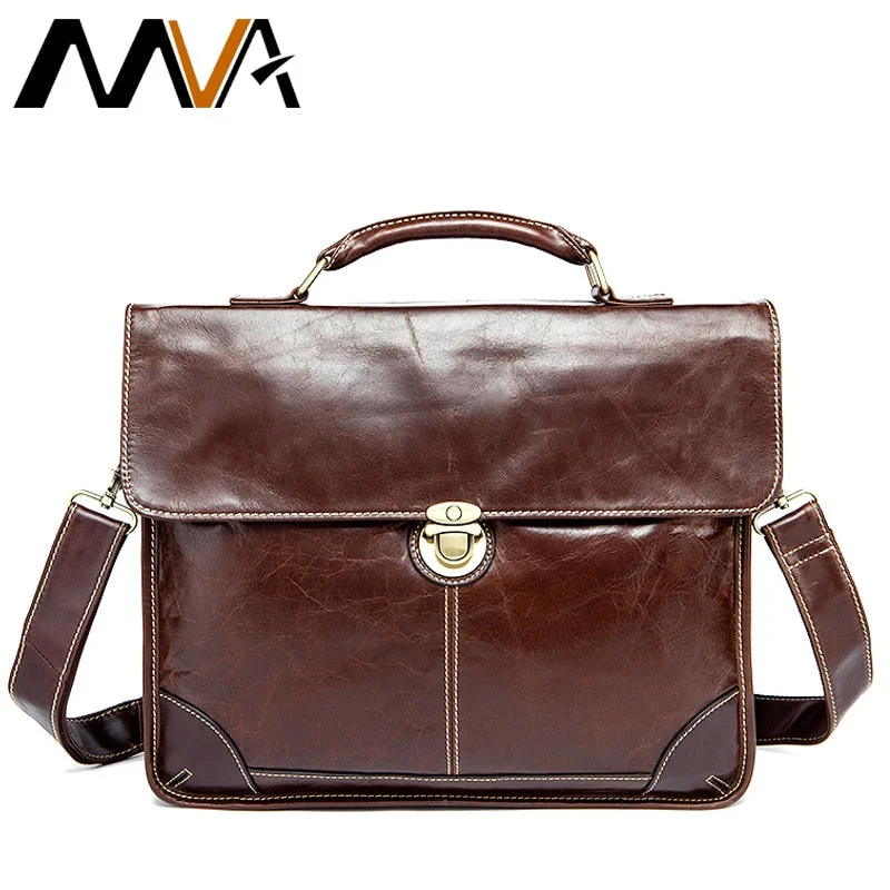 Mva Men'S Bag For Men Documents Genuine  Leather Briefcase 14'' Laptop Totes Bags Hasp Messenger