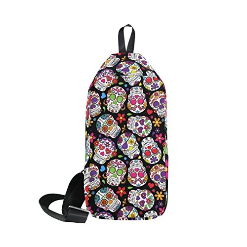 LORVIES Day Of The Dead Sugar Skull Sling Bag Shoulder Chest Cross Body Backpack Lightweight Casual Daypack for Men Women