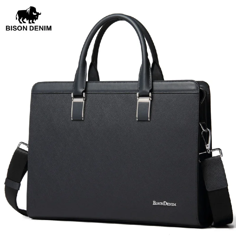 Bison Denim Genuine Leather Handbag Men Business Messenger Bag 14'' Laptop Tablet Leather