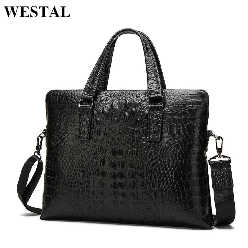 Westal Crocodile Design Men'S Briefcases For Lawyer Genuine Leather Laptop Bag 14 Messenger Bag Men