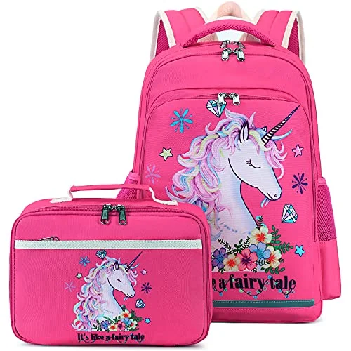 Girls Backpack for Kids School Bookbags Unicorn Preschool Backpack with Lunch Box for Kindergarten Students