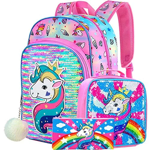 4PCS Unicorn Backpack for Girls, Sequin Prechool Bookbag and Lunch Box