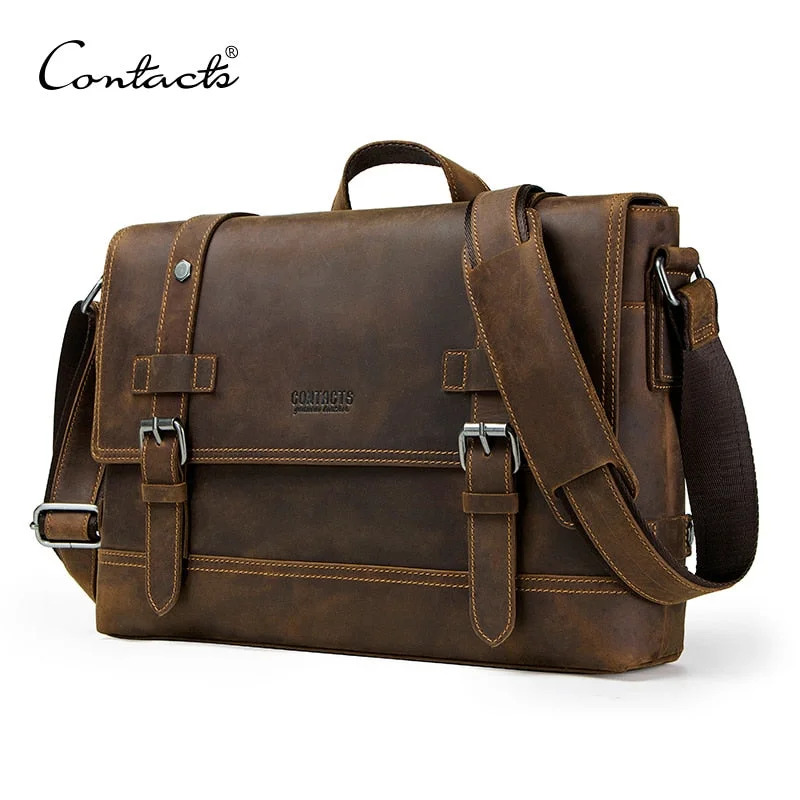 Contact'S Crazy Horse Genuine Leather Men'S Bag Vintage Man Shoulder Bags For Laptop Messenger Bags