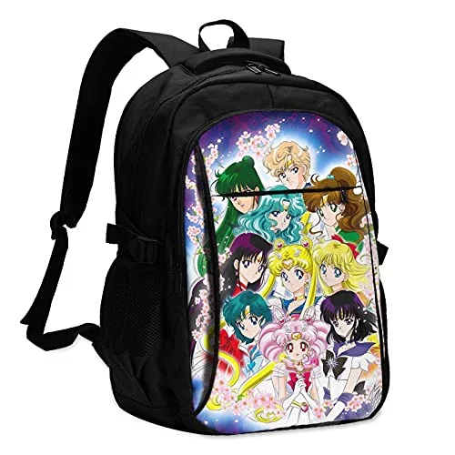 Anime Sai-lor Mo-on Laptop Backpack Bookbag with USB Charging Port for Women & Men School College Fits 15.6 Inch Laptop