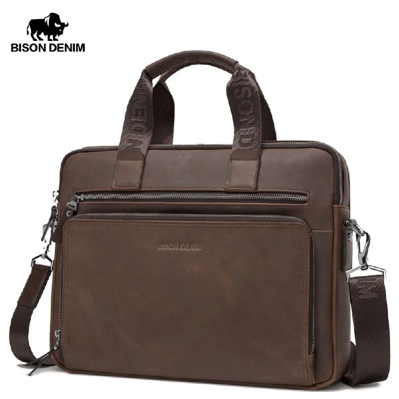 Bison Denim Brand Men'S Briefcase Satchel Bags Genuine Leather 14" Laptop Handbag Business