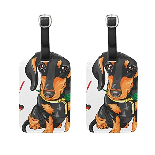 LORVIES Dog Dachshund With Red Rose Luggage Tags Travel Labels Tag Name Card Holder for Baggage Suitcase Bag Backpacks, 2 PCS