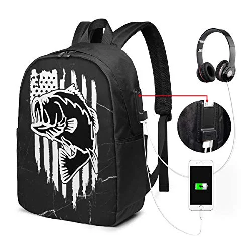 American Flag Largemouth Bass Fish Fishing USB Backpack School Bag School Bookbag Travel Bag Computer Bag