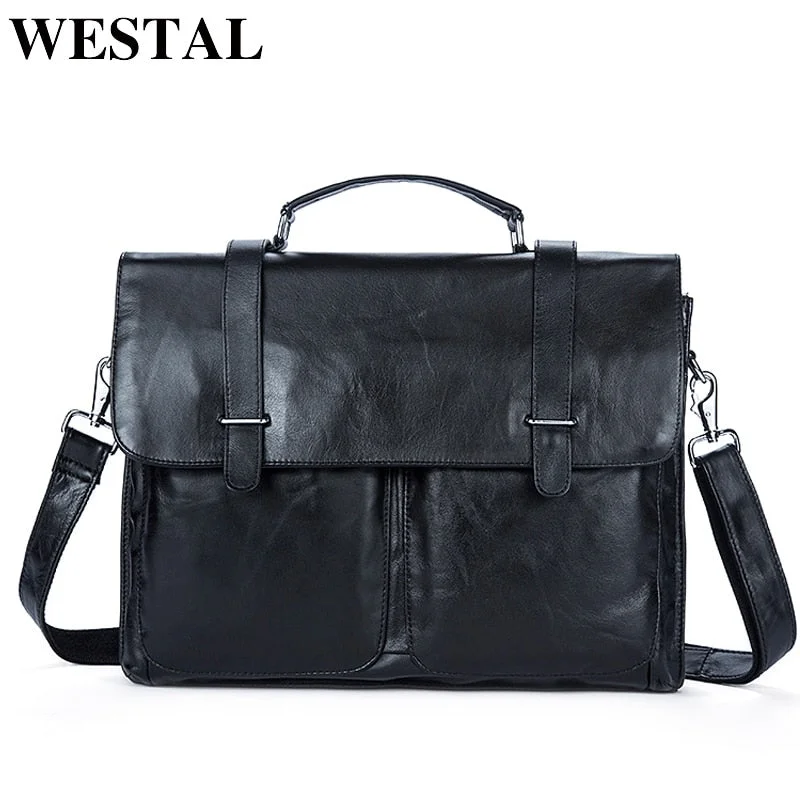 Westal Messenger Bag Men'S Briefcases Document Male Bags Genuine Leather Man Leather Laptop Bags