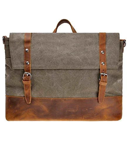 Canvas Messenger Bag Zlyc Leather Trim 15.6 Inch Laptop Bag Military Shoulder Bag Vintage Handbag