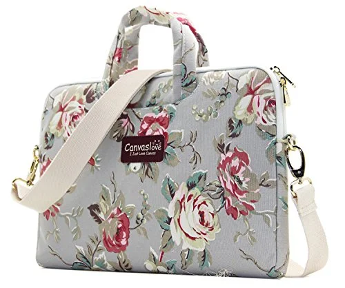 Canvaslove Grey Rose Pattern 15 Inch Canvas Waterproof Laptop Shoulder Messenger Bag For 14 Inch