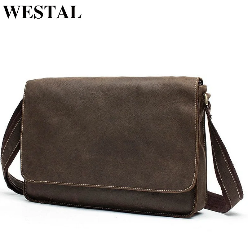 Westal Crazy Horse Leather Laptop Bags Messenger Bag Men'S Shoulder Bags Genuine Leather Men