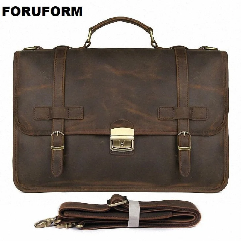 Vintage Men'S Genuine Leather Briefcase 14" Cowhide Business Bag Cow Leather Laptop Double Layer