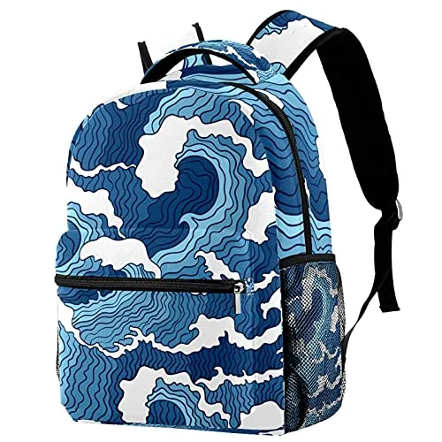 LORVIES Japanese Abstract Blue Wave Lightweight School Classic Backpack Travel Rucksack for Girls Women Kids Teens