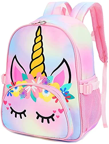 Kids Backpack Girls School Backpack Unicorn Preschool Kindergarten BookBag with Chest clip (Tie Dye headband unicorn)