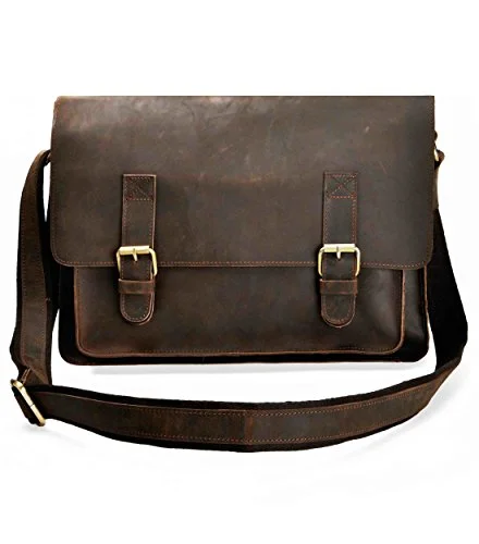 Zlyc Men Vintage Handmade Leather Messenger Bag Shoulder Briefcase Fit 14 Inch Laptop, Dark