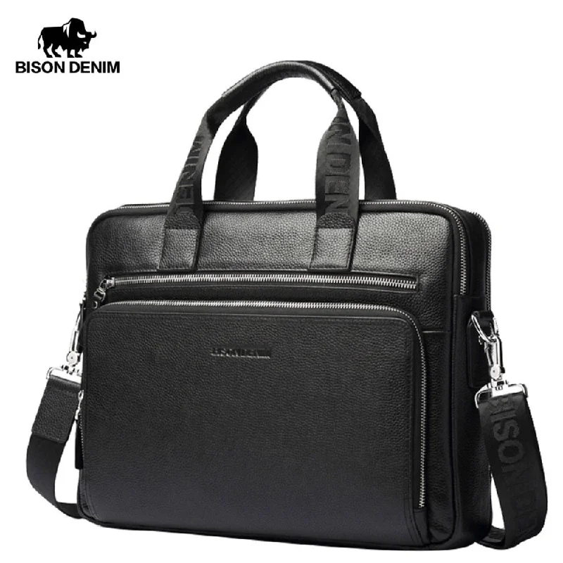 Bison Denim Genuine Leather Briefcases 14" Laptop Handbag Men'S Business Crossbody Bag