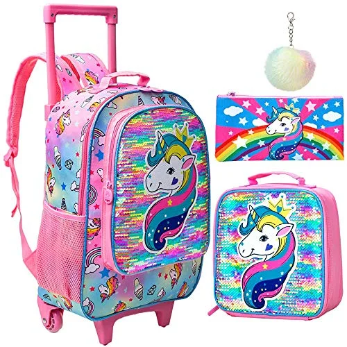 4PCS Rolling Backpack for Girls, Wheeled Kids Unicorn Bookbag