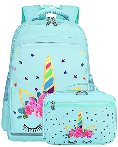 CAMTOP Backpack for Kids Girls School Backpack with Lunch Box Preschool Kindergarten BookBag Set (Mint Green-Unicorn)