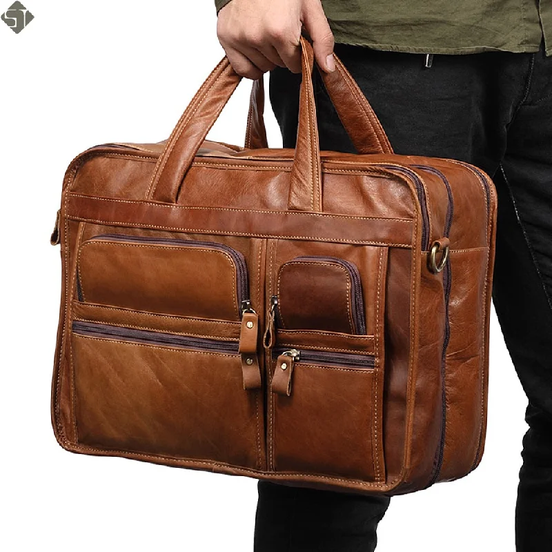 New Cowhide Men Briefcases Genuine Leather Handbag Vintage Laptop Briefcase Messenger Shoulder Bags