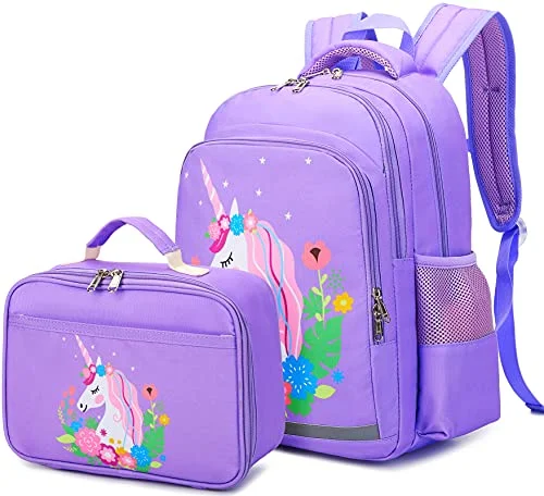 CAMTOP Girls Backpack for School Kids Backpack with Lunch Bag Preschool Kindergarten BookBag Set (Y0066-2 Purple Unicorn)