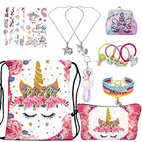 RLGPBON Unicorn Gifts for Girl Drawstring Backpack/Makeup Bag/Unicorn Pendant Necklace/Bracelet/Hair Ties