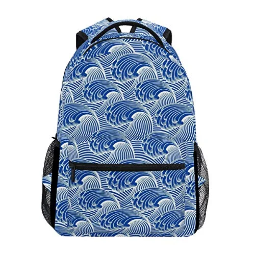 Stylish Vintage Japanese Waves Backpack- Lightweight School College Travel Bags, ChunBB 16" x 11.5" x 8"