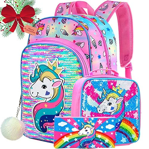 4PCS Unicorn Backpack for Girls, 16" Sequin Kids Bookbag and Lunch Box