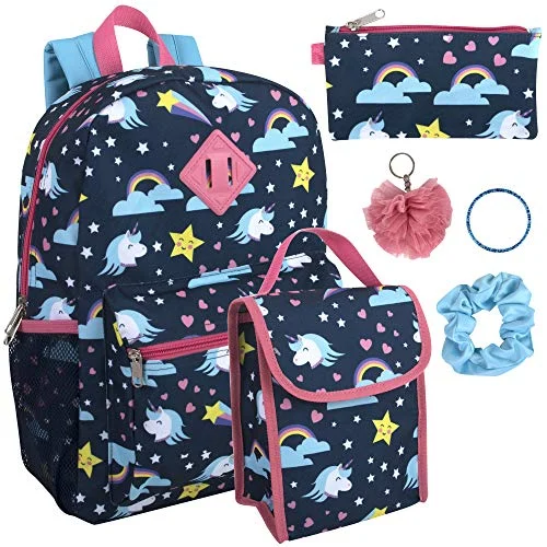 Girl's 6 in 1 Backpack Set With Lunch Bag, Pencil Case, Bottle, Keychain, Clip