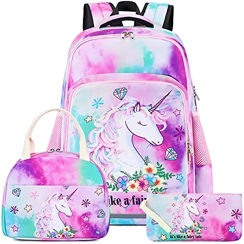 Girls Backpack Kids Elementary Bookbag Girly School Bag with Insulated Lunch Tote and Pencil Pouch (Tie dye green purple pink - Fari tale unicorn)