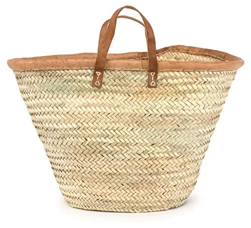 Moroccan Straw Market Bag W/ Brown Leather Handles & Trim - 22"Lx13"H - Majorca