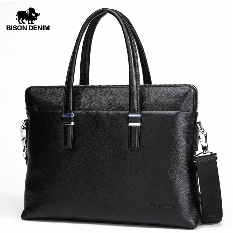 Bison Denim Genuine Leather Men Bag Business 14" Laptop Handbag Zipper Crossbody Bag Cowhide