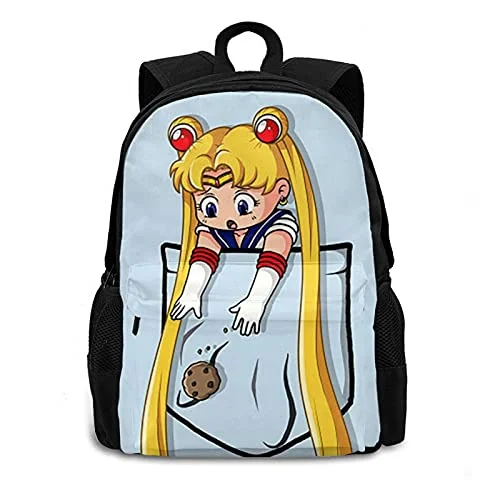 Girl and Boy Classic Anime Canvas Backpack School Bag Rucksack Bag Sai-Lor Mo-Ons Litttle Pocket Backpack(Black)