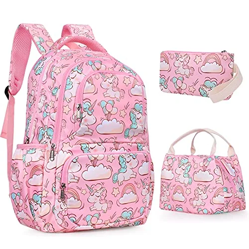 SKL School Backpack Cute Unicorn Backpack for Girls School Bag Set Pink Rucksack, 3 in 1 Student Book bag Lightweight Travel Daypack with Lunch Box and Pencil Case for Kids Girls Teenage